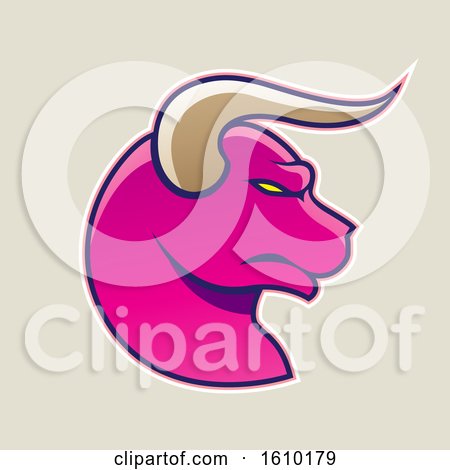 Clipart of a Cartoon Styled Profiled Magenta Bull Head Icon on a Beige Background - Royalty Free Vector Illustration by cidepix