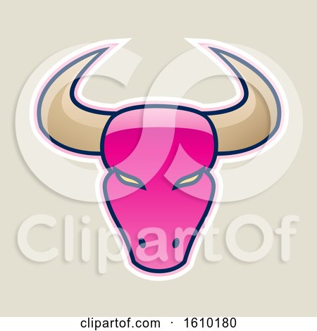 Clipart of a Cartoon Styled Magenta Bull Head Icon on a Beige Background - Royalty Free Vector Illustration by cidepix