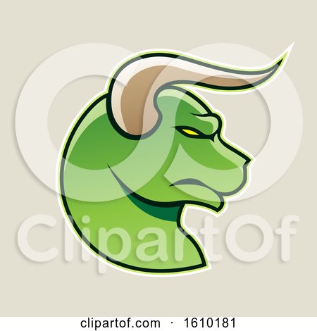 Clipart of a Cartoon Styled Profiled Green Bull Head Icon on a Beige Background - Royalty Free Vector Illustration by cidepix