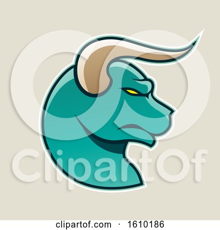 Clipart of a Cartoon Styled Profiled Persian Green Bull Head Icon on a Beige Background - Royalty Free Vector Illustration by cidepix