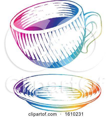 Clipart of a Sketched Colorful Coffee Cup and Saucer - Royalty Free Vector Illustration by cidepix