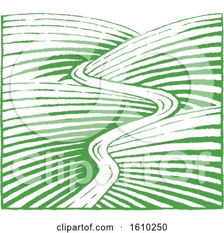 Clipart of a Sketched Green River Through Hills - Royalty Free Vector Illustration by cidepix