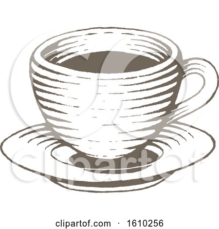 Clipart of a Sketched Brown Coffee Cup and Saucer - Royalty Free Vector Illustration by cidepix