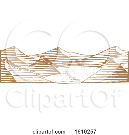 Clipart of a Sketched Brown Landscape of a Lake and Mountains - Royalty Free Vector Illustration by cidepix