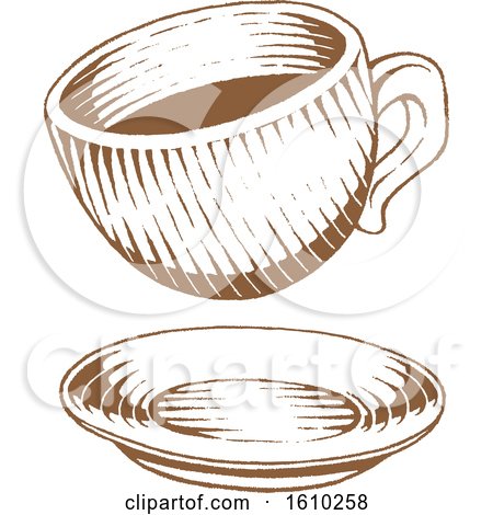 Clipart of a Sketched Brown Coffee Cup and Saucer - Royalty Free Vector Illustration by cidepix