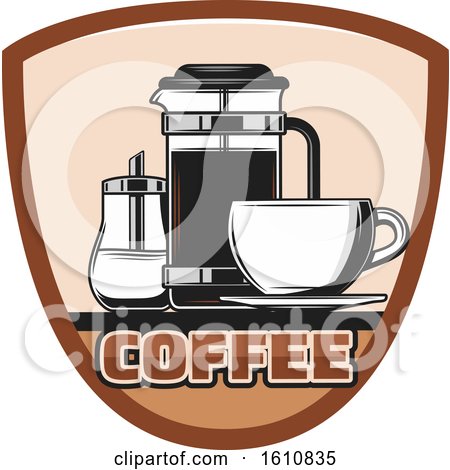 Clipart of a Shield with a Coffee Cup and French Press - Royalty Free Vector Illustration by Vector Tradition SM