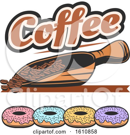 Clipart of a Coffee Design with a Scoop of Beans over Donuts - Royalty Free Vector Illustration by Vector Tradition SM