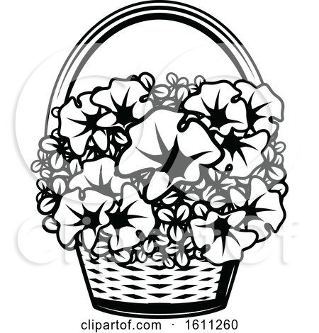 Clipart of a Black and White Basket of Flowers - Royalty Free Vector Illustration by Vector Tradition SM