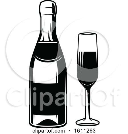 Clipart of a Black and White Glass and Bottle of Champagne - Royalty Free Vector Illustration by Vector Tradition SM