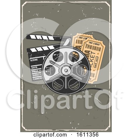 Clipart of a Vintage Distressed Design with a Clapper Film Reel and Tickets - Royalty Free Vector Illustration by Vector Tradition SM