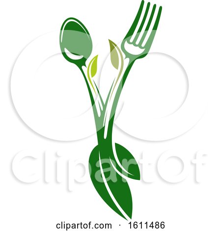 Clipart of a Vegetarian Food Design with a Spoon Fork and Leaves Forming the Letter V - Royalty Free Vector Illustration by Vector Tradition SM