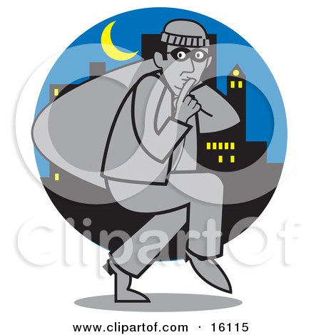 Quiet Burglar Carrying A Sack Of Stolen Goods And Tiptoeing Through A City Under A Crescent Moon At Night Clipart Illustration by Andy Nortnik