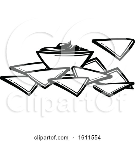Clipart of Black and White Dip and Tortilla Chips - Royalty Free Vector Illustration by Vector Tradition SM