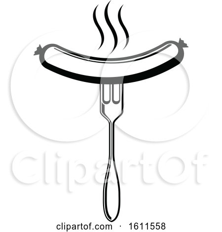 Clipart of a Black and White Hot Dog on a Fork - Royalty Free Vector Illustration by Vector Tradition SM