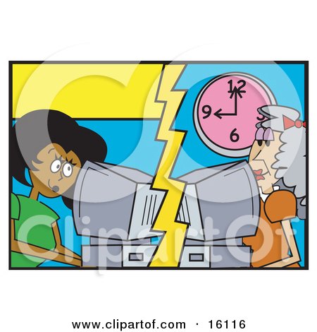 Pretty African American Woman Catting Or Emailing An Elderly Caucasian Woman On A Computer In Another Place Clipart Illustration by Andy Nortnik