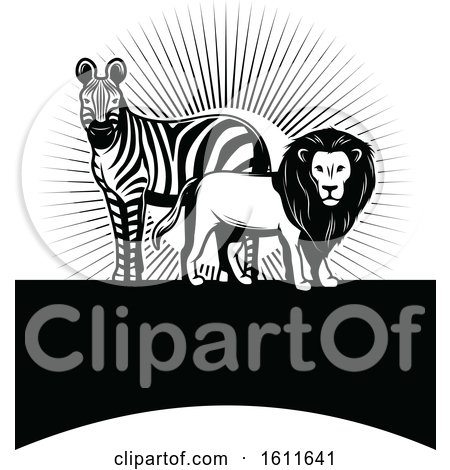 Clipart of a Black and White Zebra and Male Lion over a Blank Banner - Royalty Free Vector Illustration by Vector Tradition SM