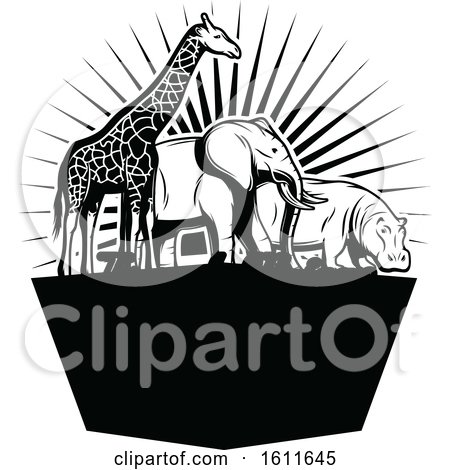 Clipart of a Black and White Giraffe Elephant and Hippo - Royalty Free Vector Illustration by Vector Tradition SM