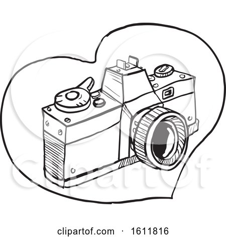 Clipart of a Sketched 35mm Slr Camera in a Heart - Royalty Free Vector Illustration by patrimonio