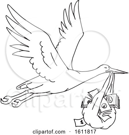 Clipart of a Black and White Stork Delivering a Money Bag - Royalty Free Vector Illustration by patrimonio