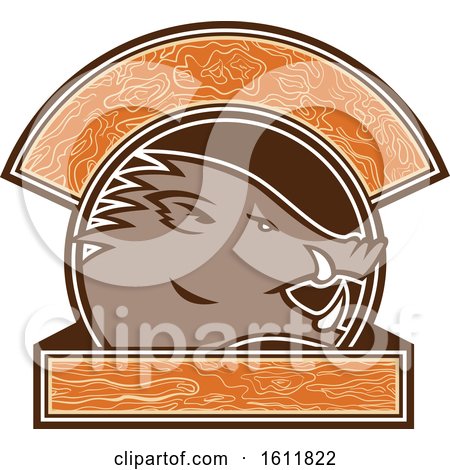 Clipart of a Boar Mascot Head with Wooden Banners - Royalty Free Vector Illustration by patrimonio