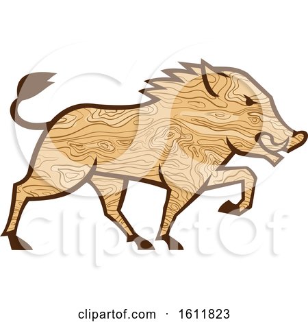 Clipart of a Wood Grain Textured Wild Boar Marching - Royalty Free Vector Illustration by patrimonio