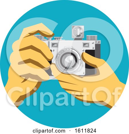 Clipart of a Pair of Hands Holding a Retro Vintage 35mm Film Camera - Royalty Free Vector Illustration by patrimonio