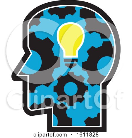 Clipart of a Profiled Head with a Glowing Light Bulb and Gear Cogs - Royalty Free Vector Illustration by patrimonio