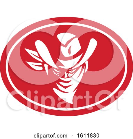 Clipart of a Cowboy Bandit Face in a Red Oval - Royalty Free Vector Illustration by patrimonio