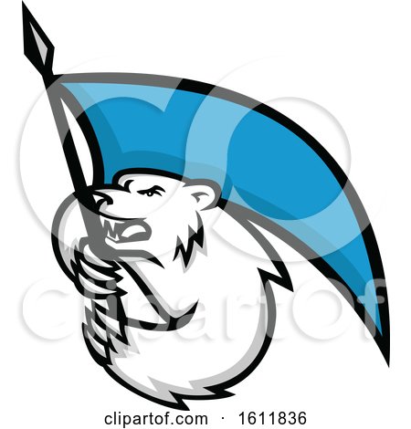 Clipart of a Tough Polar Bear Mascot Brandshing a Blue Flag - Royalty Free Vector Illustration by patrimonio