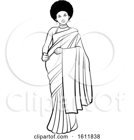 Clipart of a Black and White Woman with an Afro, Wearing a Saree - Royalty Free Vector Illustration by Lal Perera