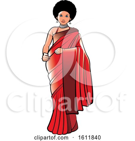 Clipart of a Woman with an Afro, Wearing a Red Saree - Royalty Free Vector Illustration by Lal Perera