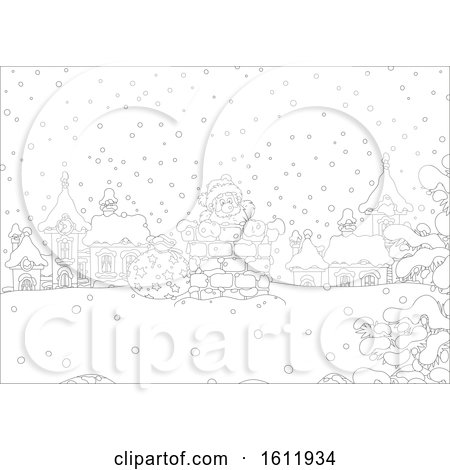 Clipart of a Black and White Santa Claus Climbing down a Chimney in the Snow - Royalty Free Vector Illustration by Alex Bannykh