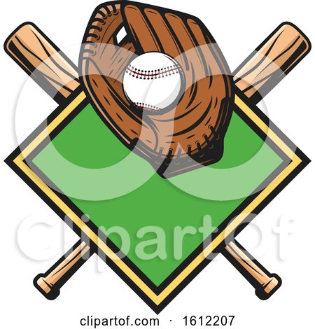 Clipart of a Baseball in a Glove over a Diamond and Crossed Bats - Royalty Free Vector Illustration by Vector Tradition SM