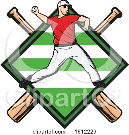 Clipart of a Baseball Pitcher over a Diamond and Crossed Bats - Royalty Free Vector Illustration by Vector Tradition SM