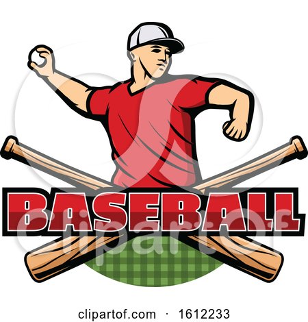 Clipart of a Baseball Pitcher over Crossed Bats - Royalty Free Vector Illustration by Vector Tradition SM