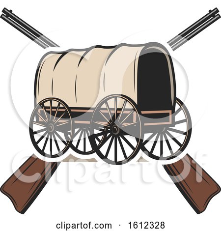 Clipart of a Covered Wagon over Crossed Rifles - Royalty Free Vector Illustration by Vector Tradition SM