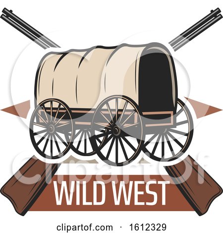 Clipart of a Covered Wagon over Wild West Text and Crossed Rifles - Royalty Free Vector Illustration by Vector Tradition SM