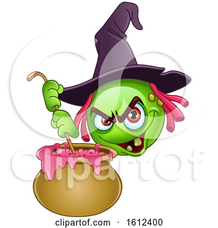 Clipart of a Green Halloween Emoji Witch Stirring a Cauldron - Royalty Free Vector Illustration by yayayoyo