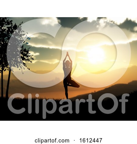 3D Female in Yoga Pose Against a Sunset Landscape by KJ Pargeter
