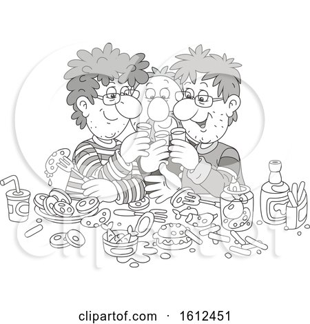 Clipart of a Grayscale Group of Men Drinking Shots and Eating - Royalty Free Vector Illustration by Alex Bannykh