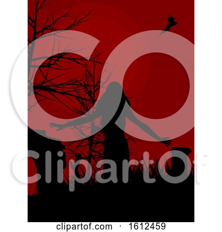 Dark Red Halloween Background with Female Zombie Silhouette Walking in a Graveyard by elaineitalia