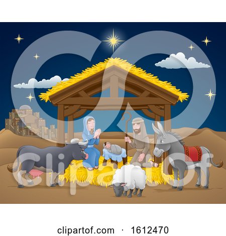 Cartoon Nativity Christmas Scene by AtStockIllustration