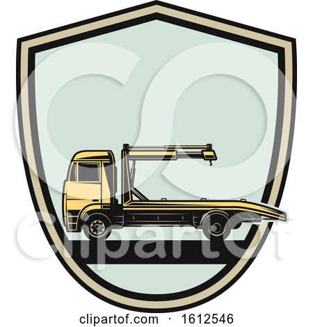 Clipart of a Shield Automotive Tow Truck Design - Royalty Free Vector Illustration by Vector Tradition SM