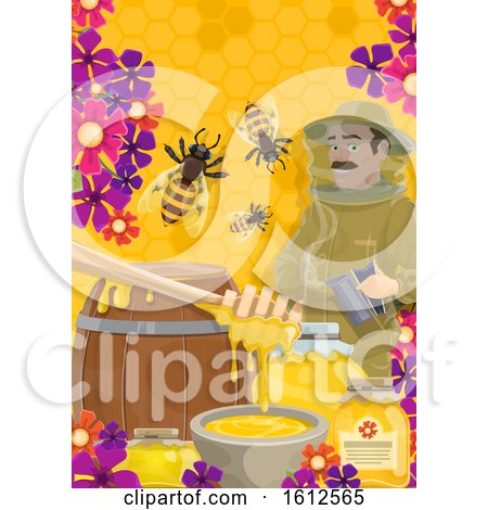 Clipart of a Beekeeper with Bees Flowers and Honey - Royalty Free Vector Illustration by Vector Tradition SM