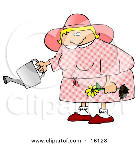 Chubby Blond Woman In Pink, Holding A Yellow Daisy And A Watering Can Clipart Illustration by djart