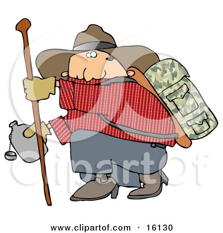 Chubby Cowboy Man Carrying Camping Gear On His Back, Holding Onto A Hiking Stick While Crouching To Drink From A Canteen Clipart Illustration by djart