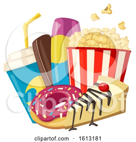 Clipart of a Popcorn Bucket with Soda and Sweets - Royalty Free Vector Illustration by Vector Tradition SM