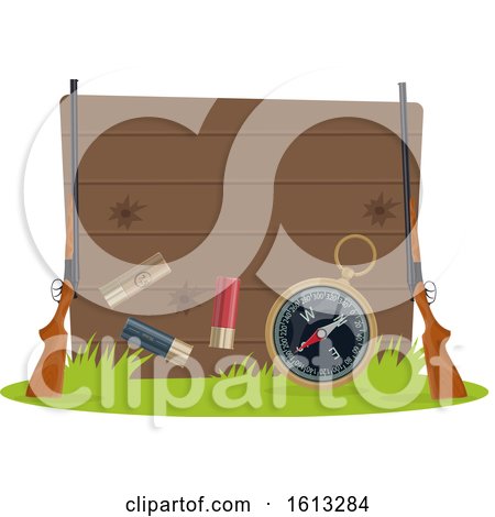 Clipart of a Wooden Hunting Sign with Gear - Royalty Free Vector Illustration by Vector Tradition SM