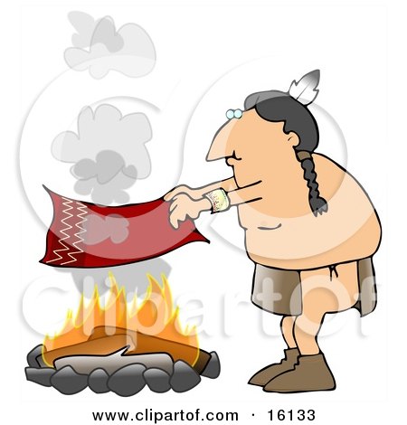 Male Native American Indian Flapping A Blanket Above A Fire To Make A Smoke Signal Clipart Illustration by djart