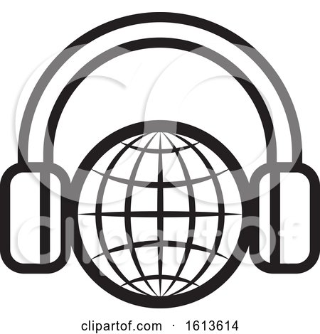 Clipart of a Black and White Globe Wearing Headphones - Royalty Free Vector Illustration by Lal Perera